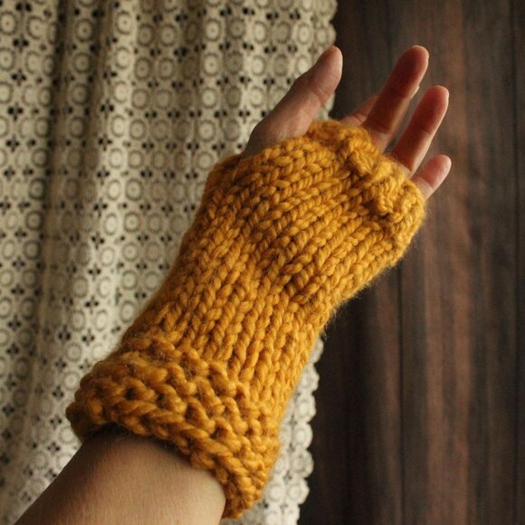 Hand Knit Fingerless Gloves, Armwarmers in Mustard Yellow Yarn, Womens - Picture 6 of 9